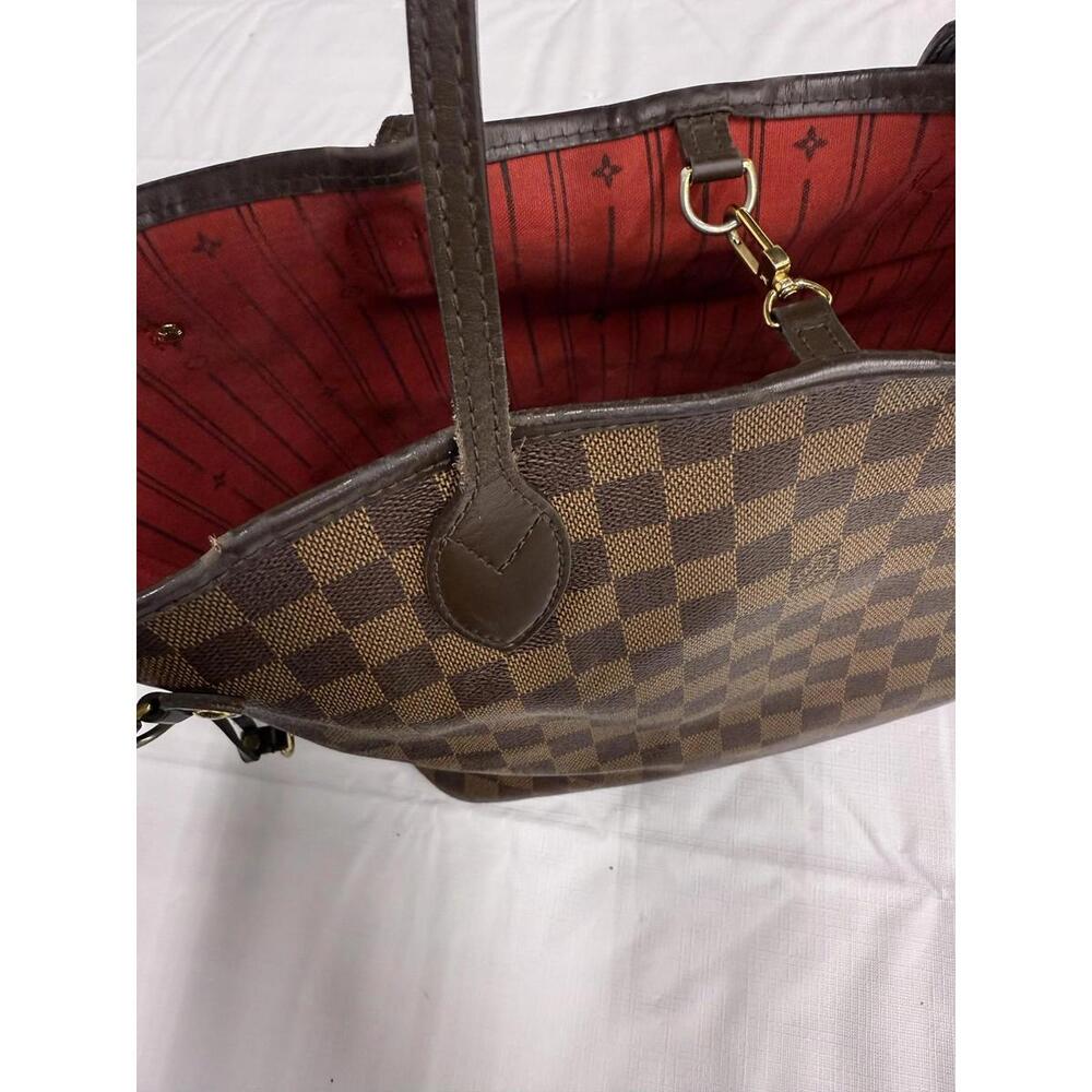 Louis Vuitton Neverfull MM Tote Bag Womens Brown Damier Ebene Red Lining Canvas - Picture 13 of 16